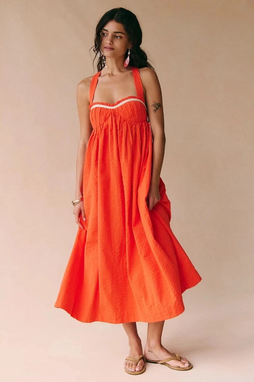 Free People Poppy Midi Dress L Orange Criss Cross Open Back Cotton Boho